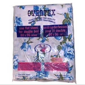 NWT VTG Overtex 50's White Cotton Double Flat Sheet Floral Blue Roses Romantic